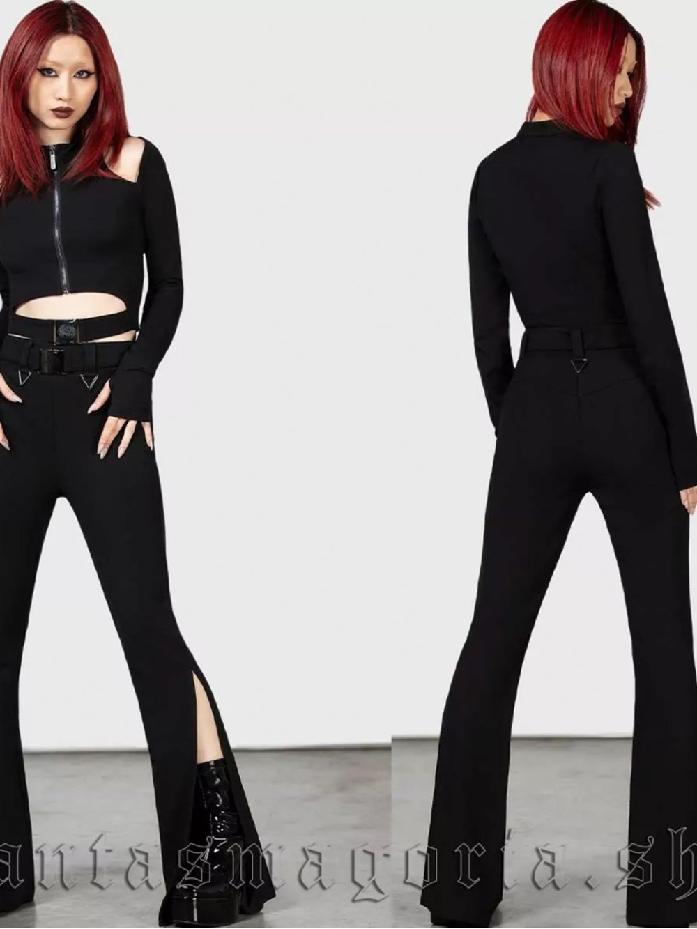 Killstar Black High-Rise Flare Pants with Front Slits & Strap Belt